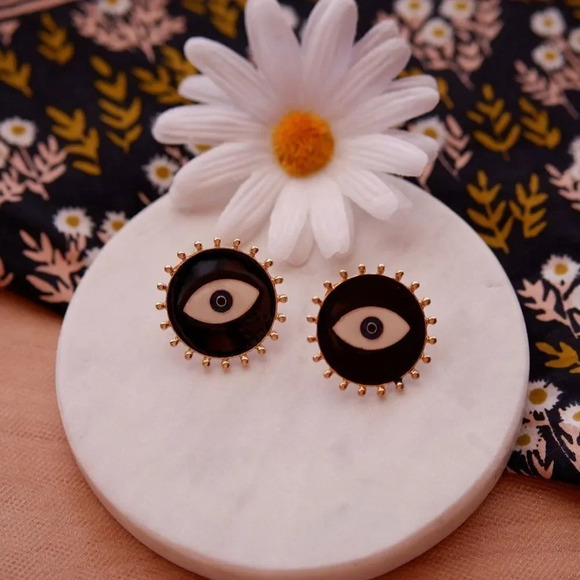 NEW! Boho Round Studded Enamel Evil Eye Stud Earrings - Picture 2 of 10